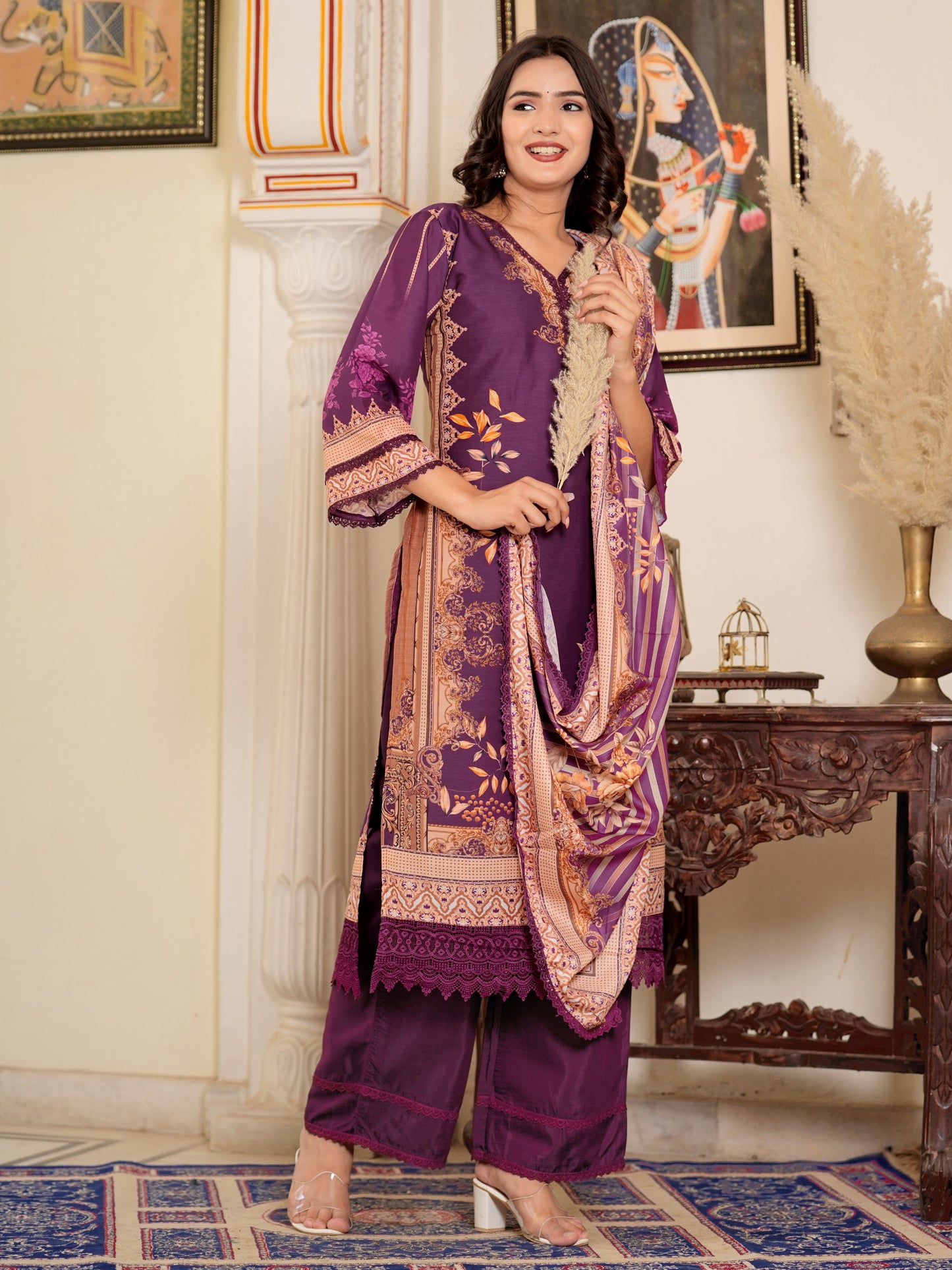 Purple Muslin Pakistani Style Straight Kurta Set