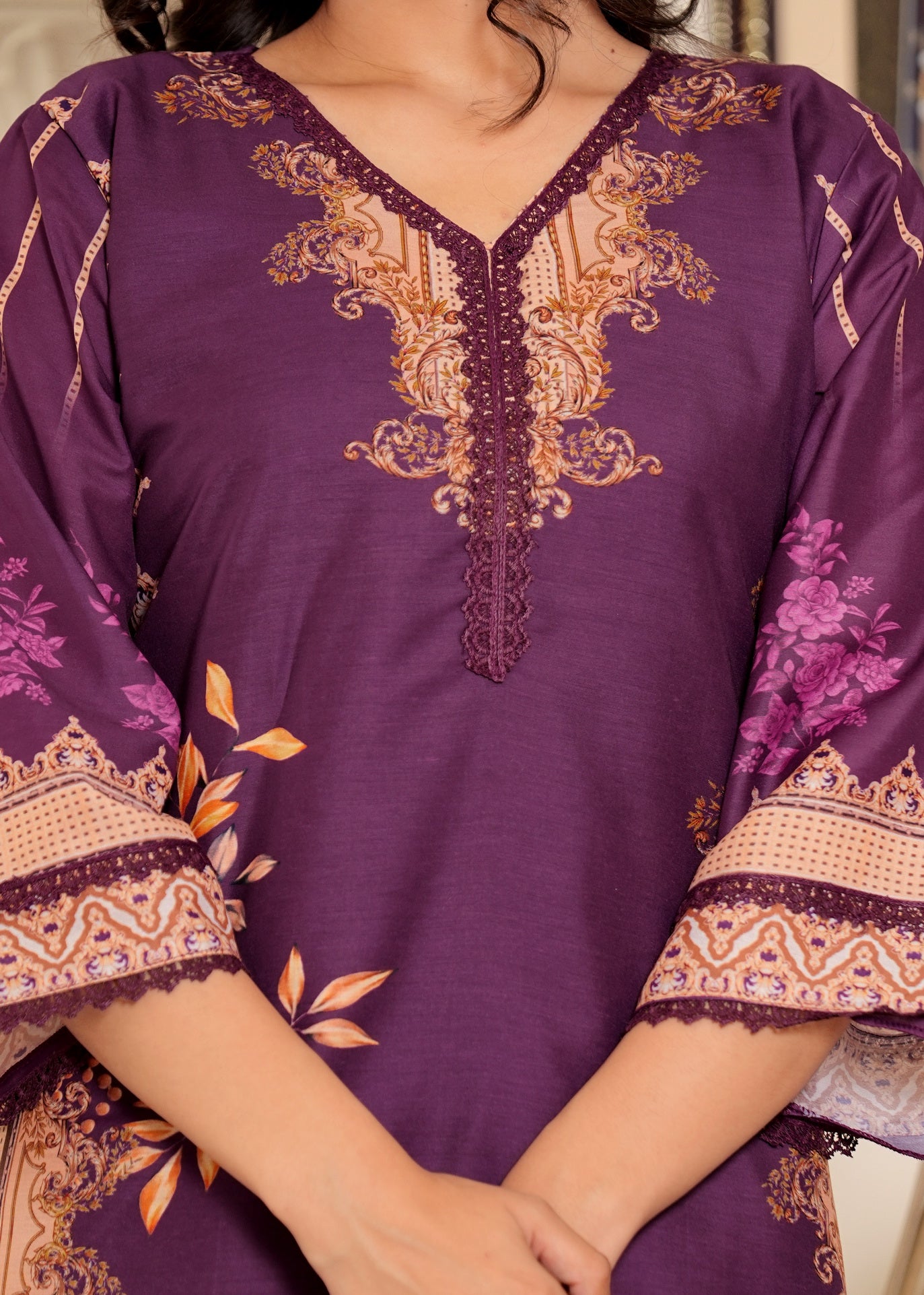 Purple Muslin Pakistani Style Straight Kurta Set