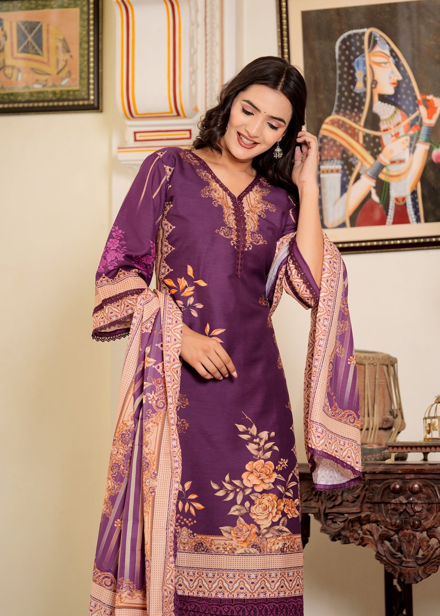 Purple Muslin Pakistani Style Straight Kurta Set