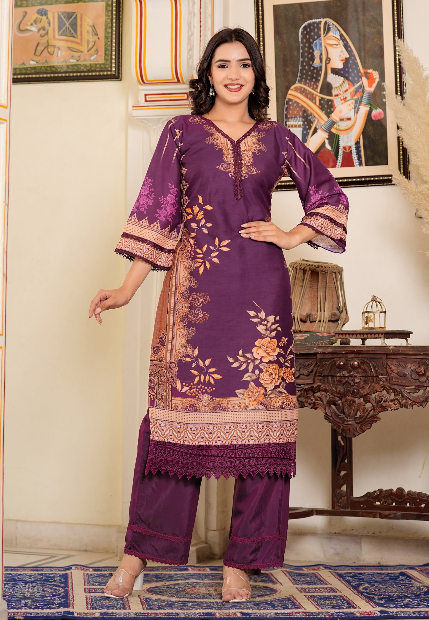 Purple Muslin Pakistani Style Straight Kurta Set