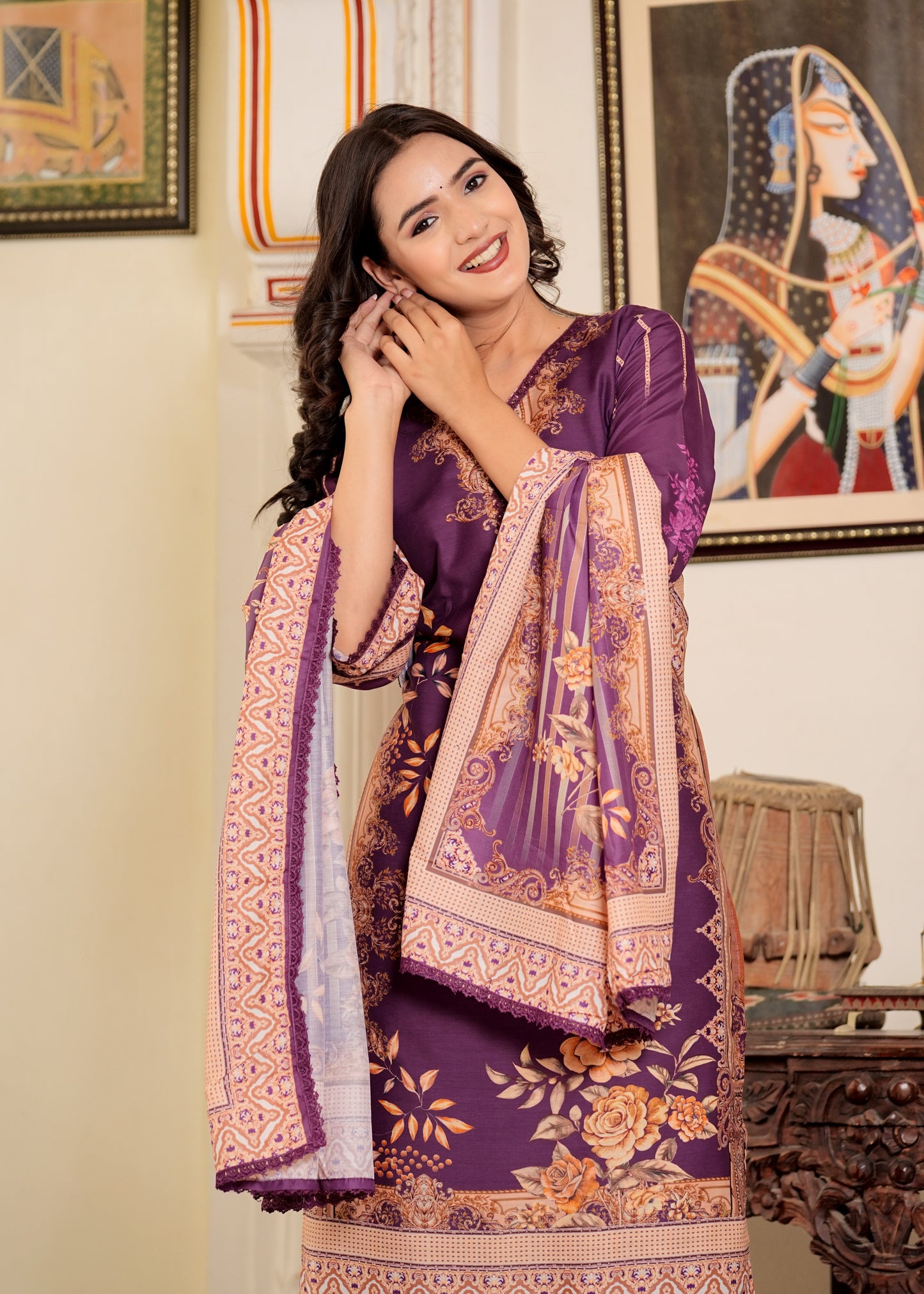 Purple Muslin Pakistani Style Straight Kurta Set