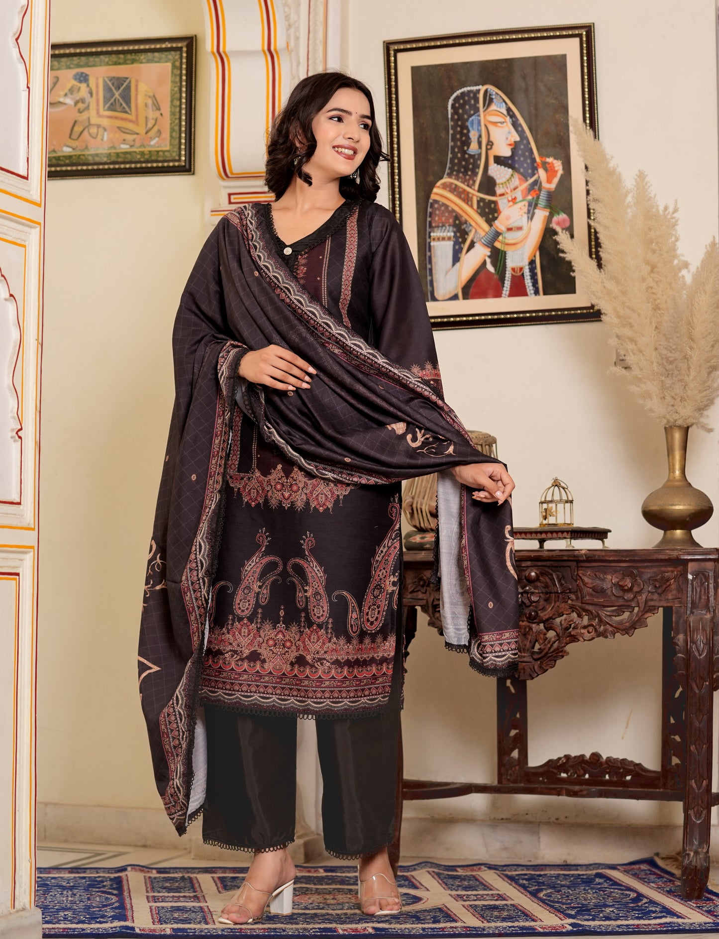 Black Muslin Pakistani Style Straight Kurta Set