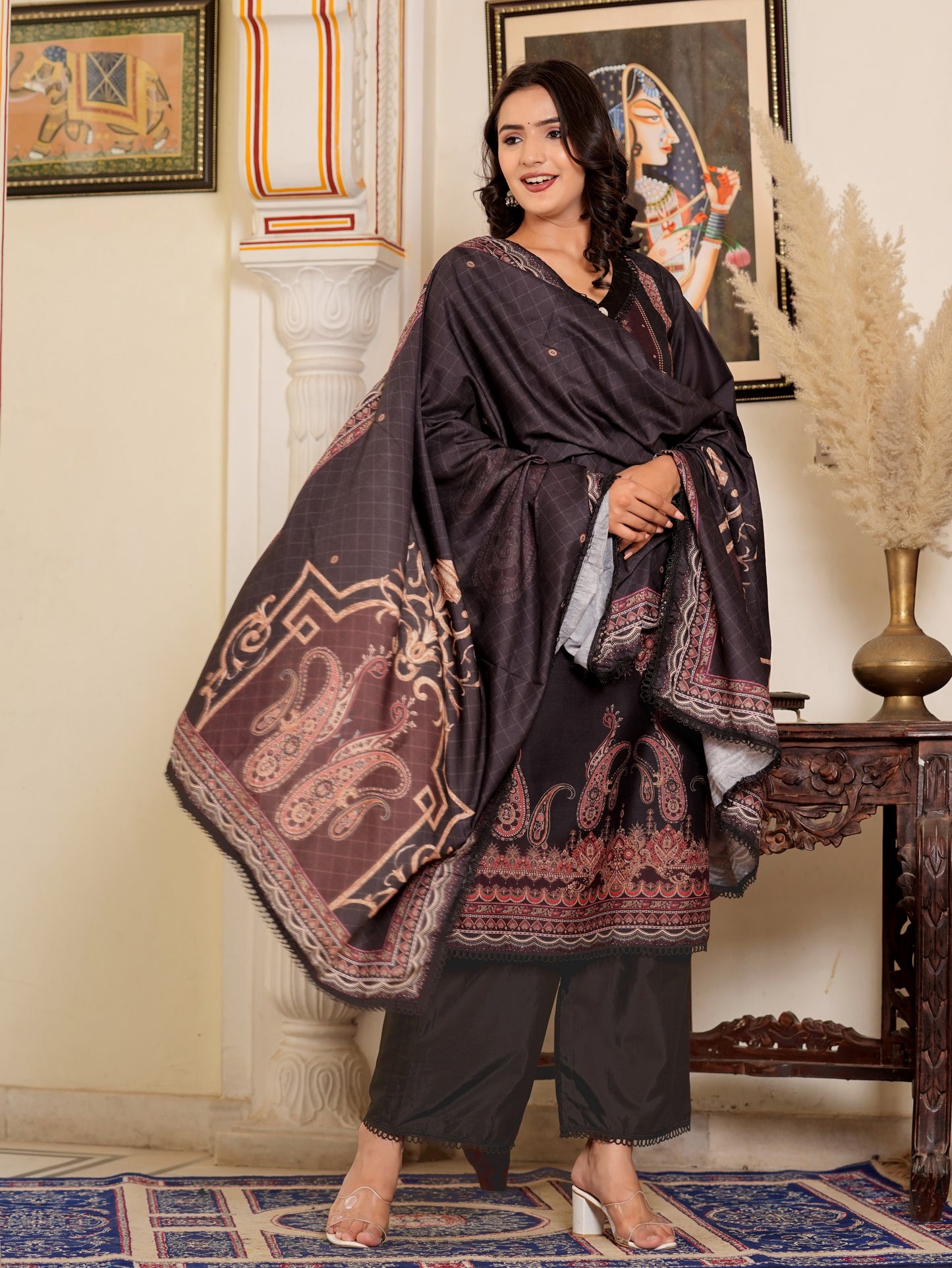 Black Muslin Pakistani Style Straight Kurta Set