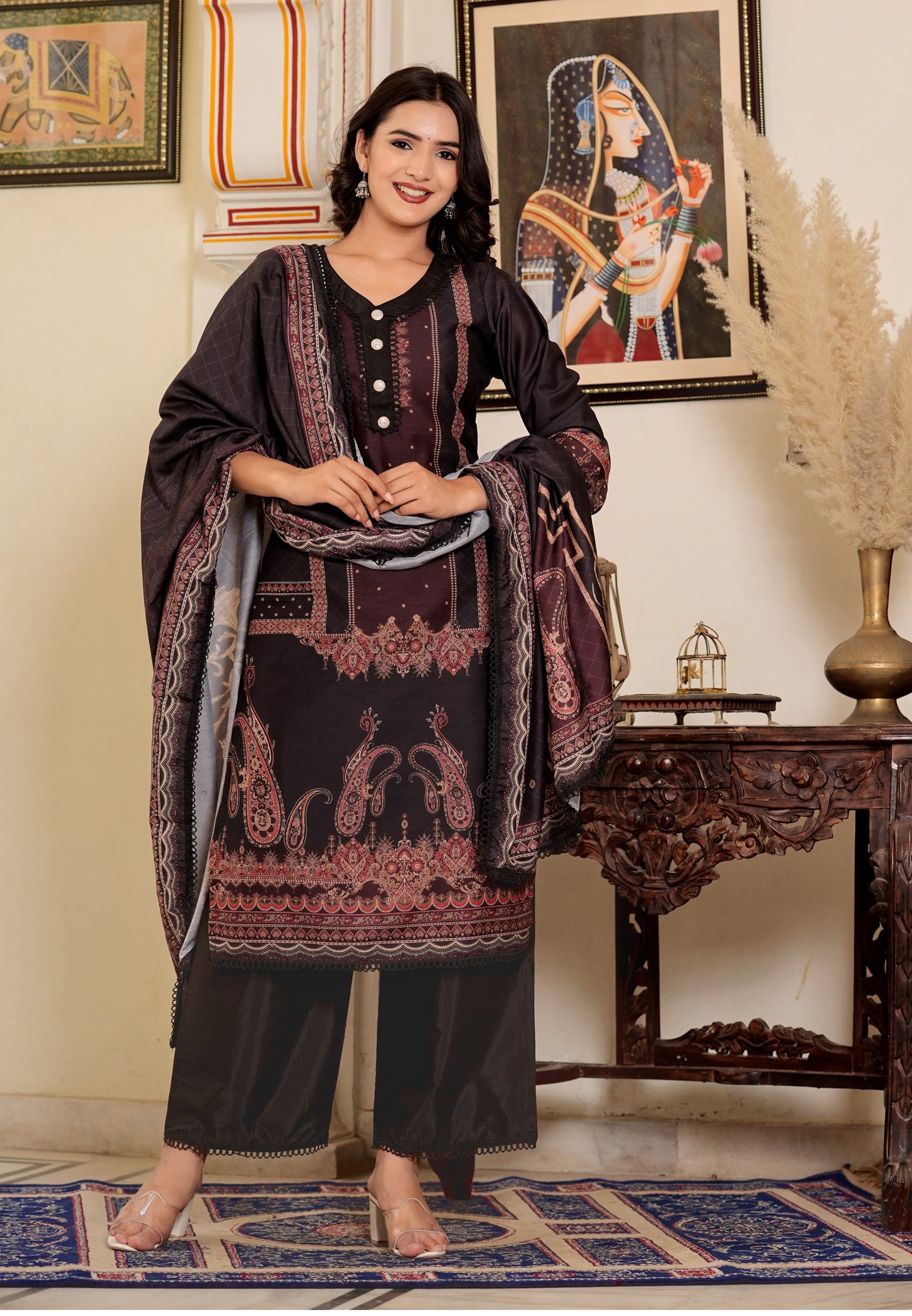 Black Muslin Pakistani Style Straight Kurta Set