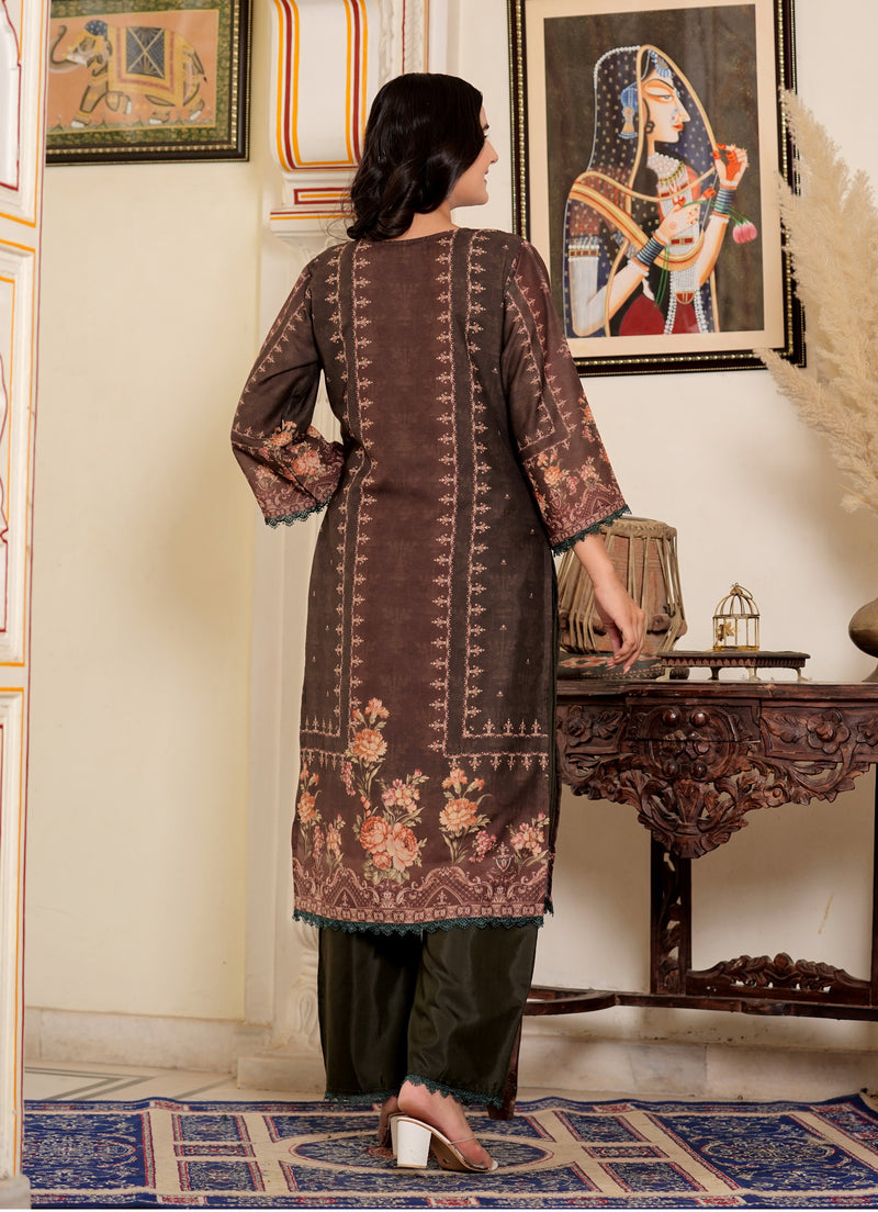 Brown Muslin Pakistani Style Straight Kurta Set