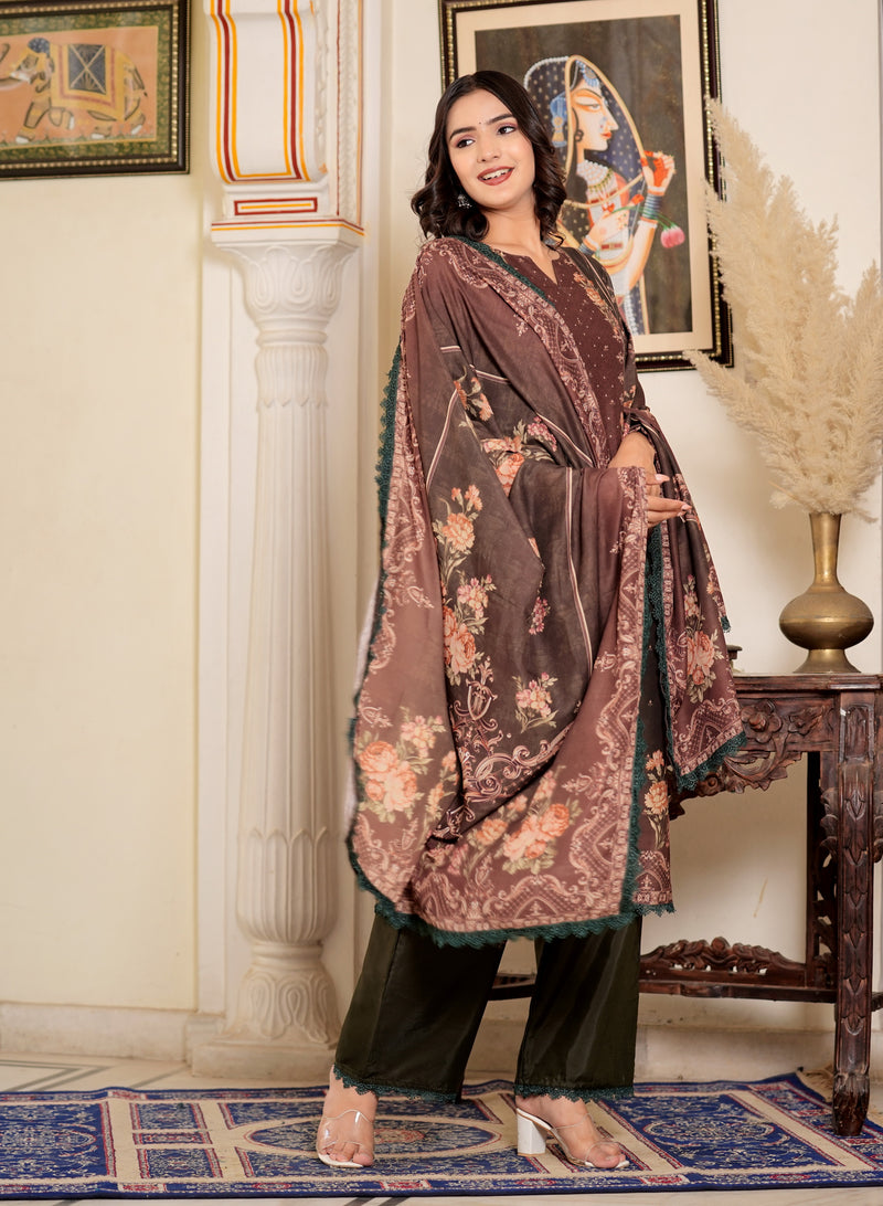 Brown Muslin Pakistani Style Straight Kurta Set