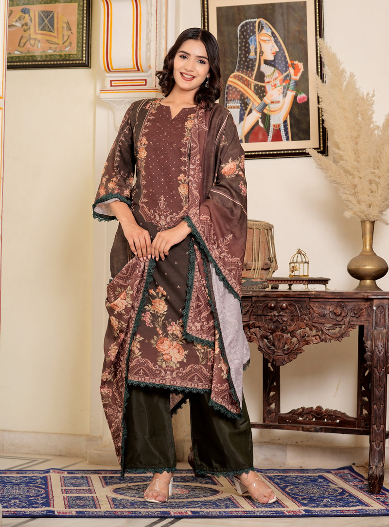 Brown Muslin Pakistani Style Straight Kurta Set