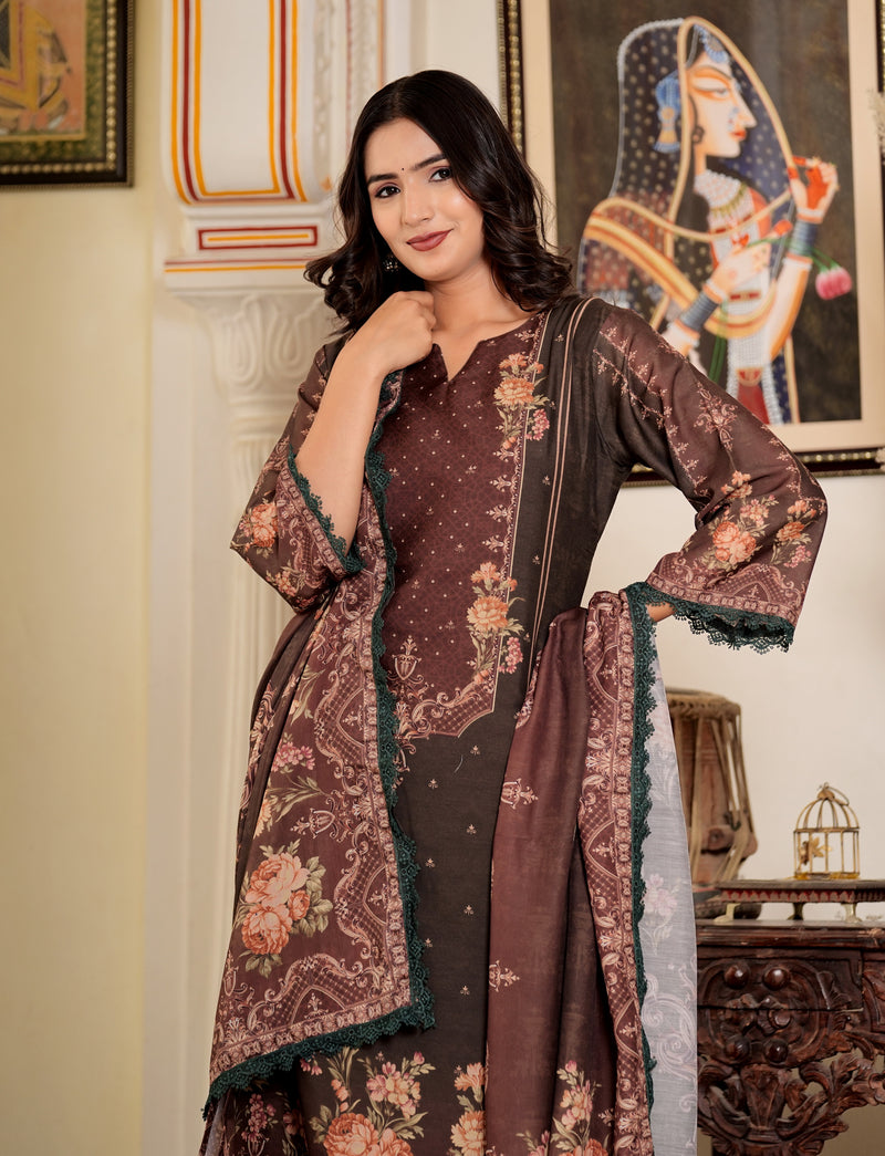 Brown Muslin Pakistani Style Straight Kurta Set