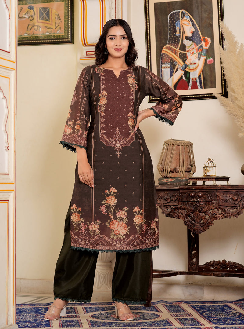 Brown Muslin Pakistani Style Straight Kurta Set