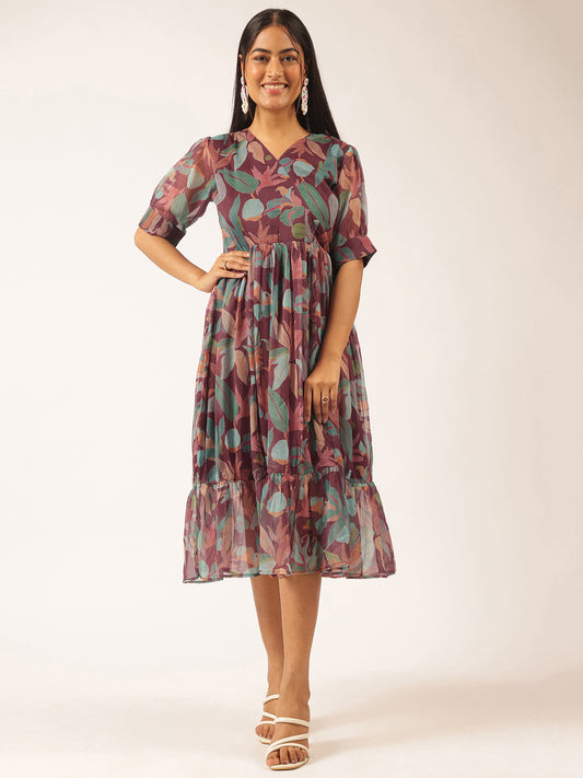 Purple Floral Printed Flared Chiffon Stitched Dress
