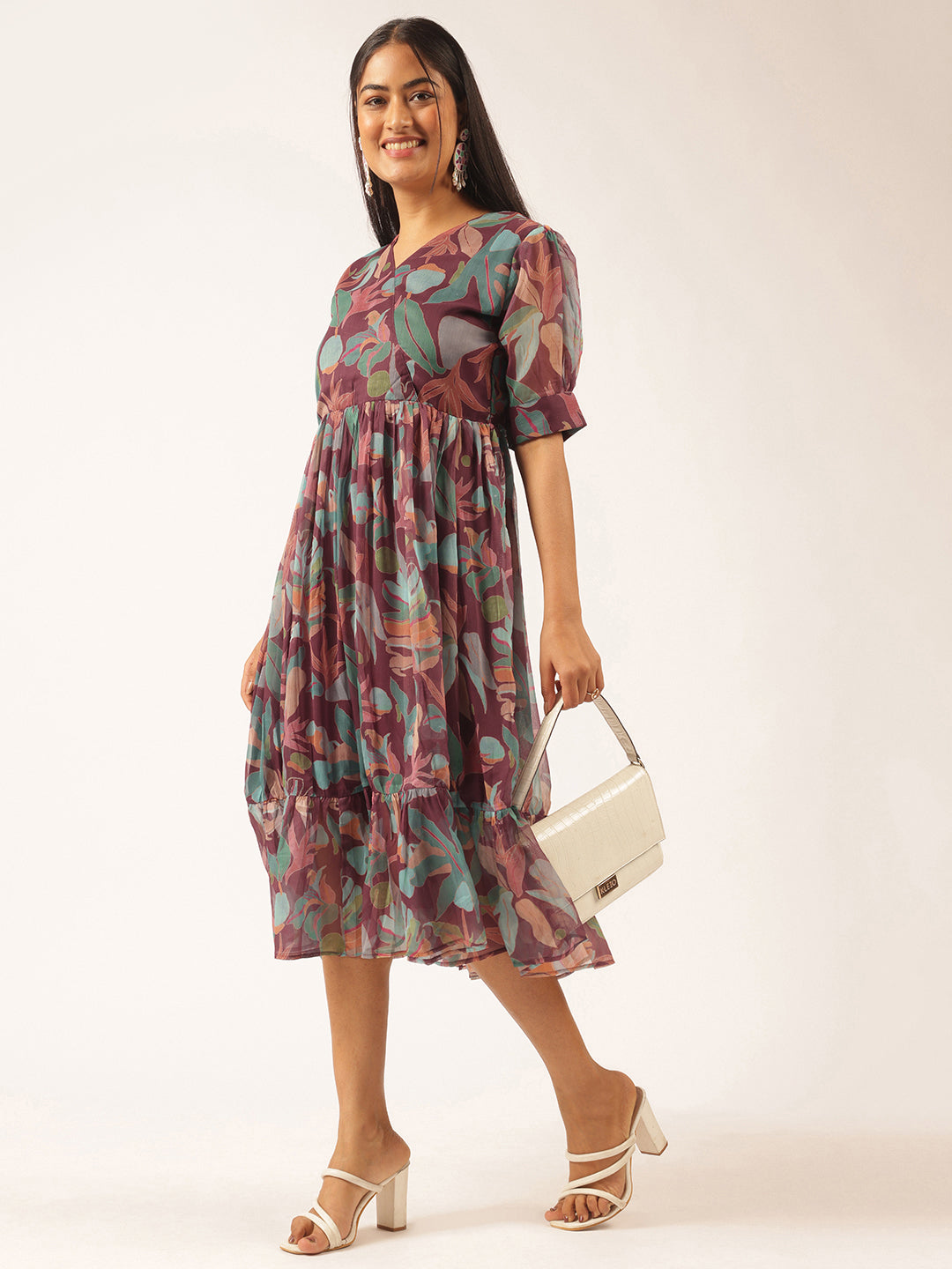Purple Floral Printed Flared Chiffon Stitched Dress