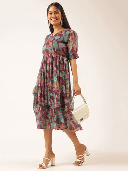Purple Floral Printed Flared Chiffon Stitched Dress