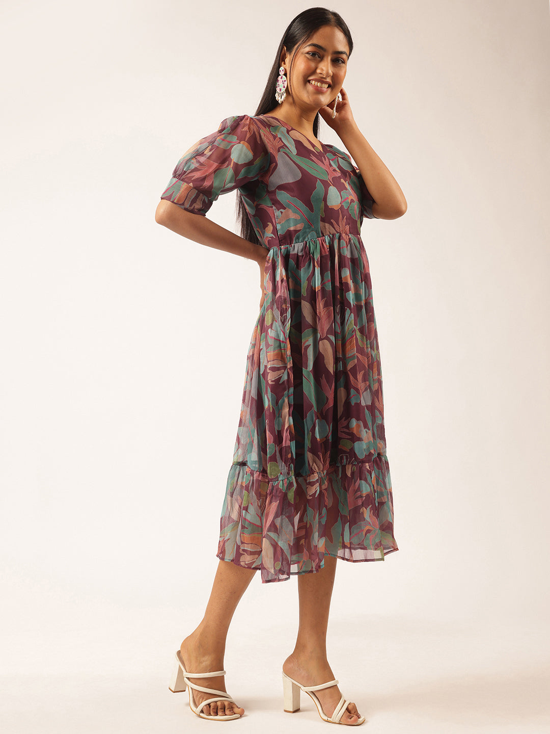 Purple Floral Printed Flared Chiffon Stitched Dress
