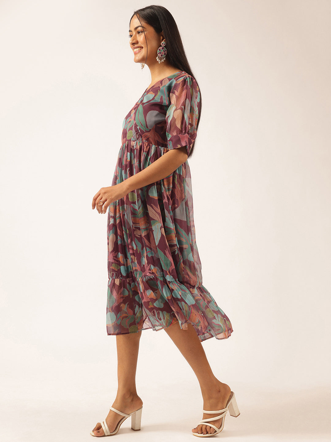 Purple Floral Printed Flared Chiffon Stitched Dress