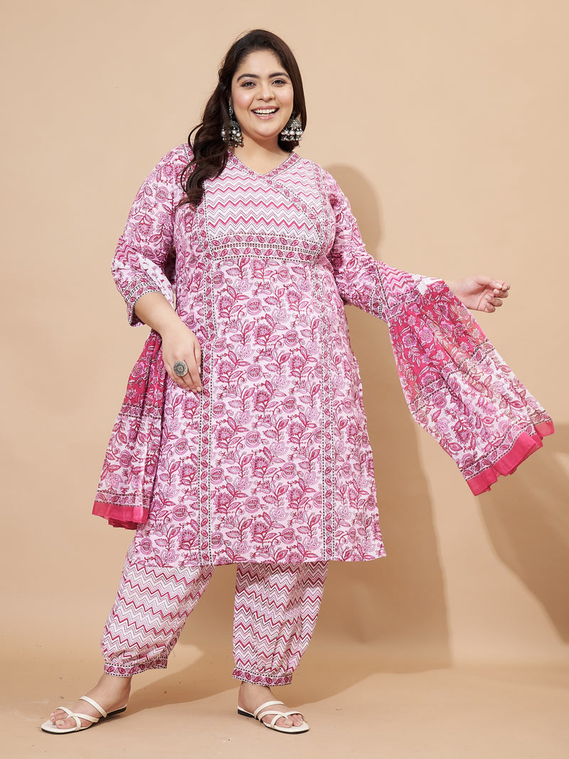 Pink Floral Print Cotton Stitched Afghani Kurta Set