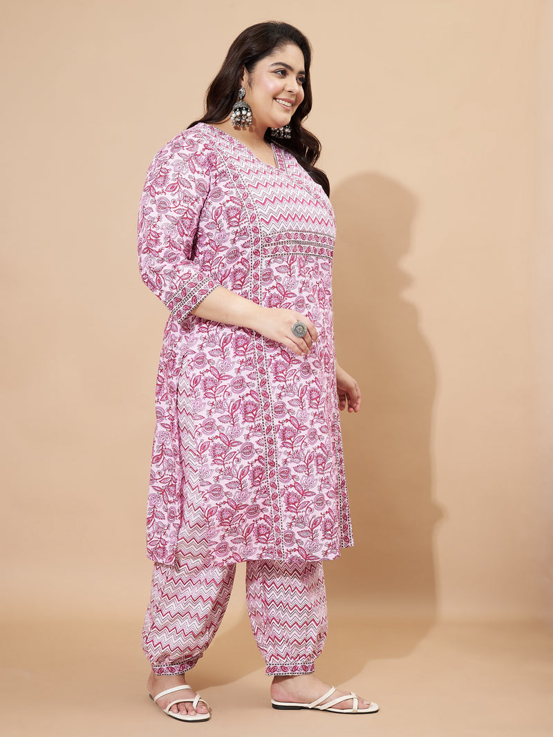 Pink Floral Print Cotton Stitched Afghani Kurta Set