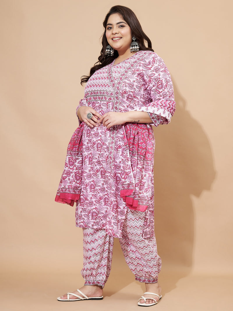 Pink Floral Print Cotton Stitched Afghani Kurta Set