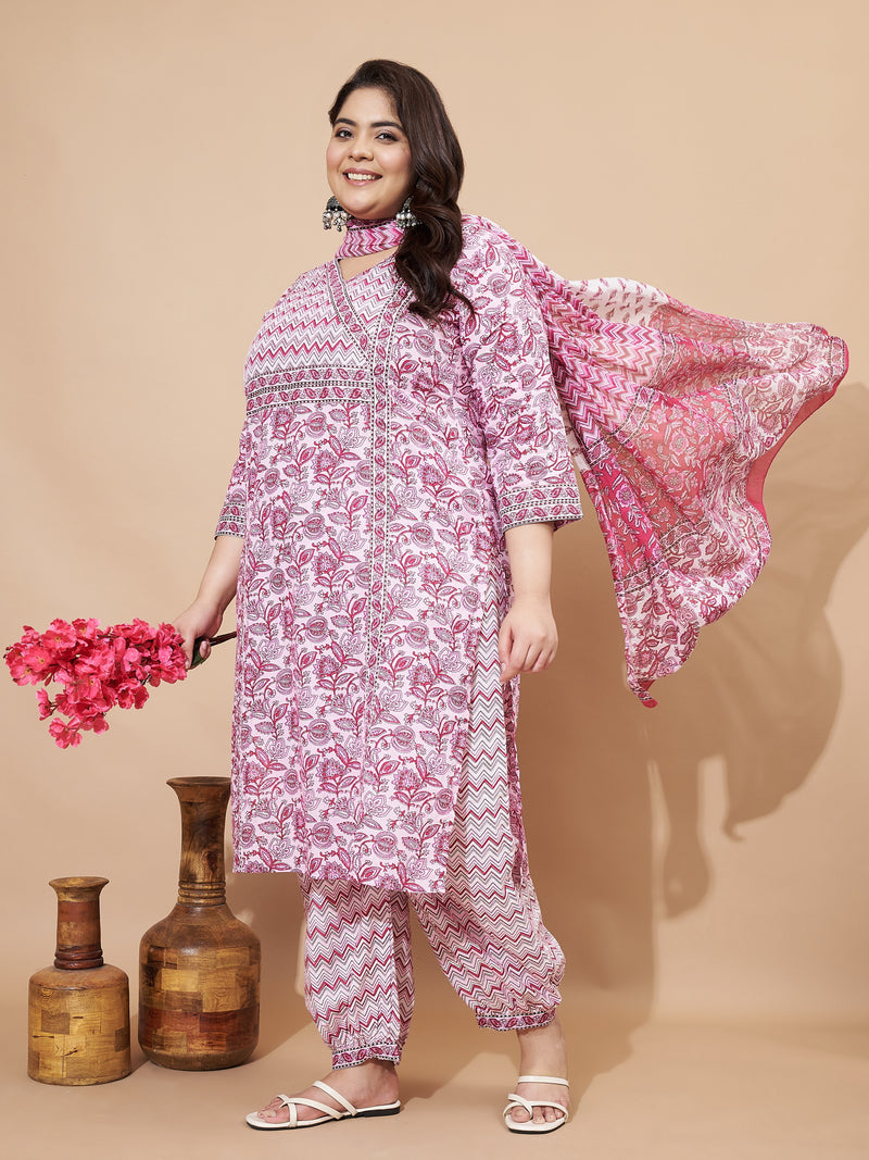 Pink Floral Print Cotton Stitched Afghani Kurta Set