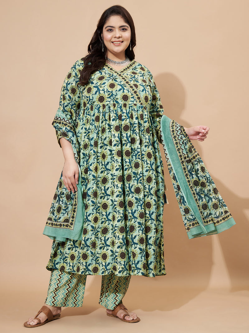 Teal Green Floral Printed Flared Cotton Stitched Kurta Set