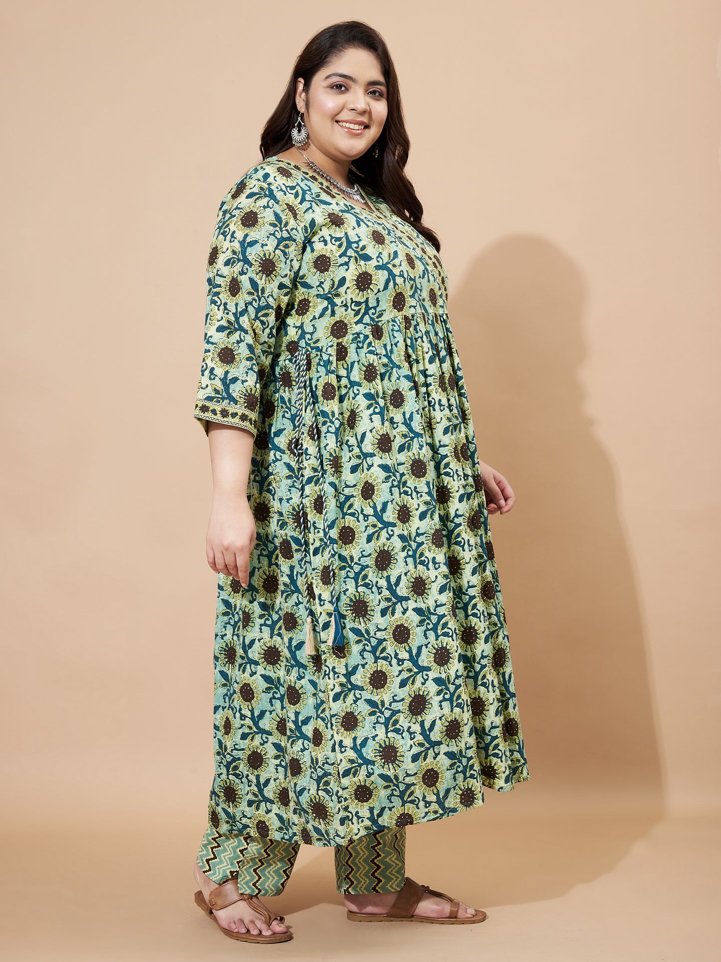 Teal Green Floral Printed Flared Cotton Stitched Kurta Set