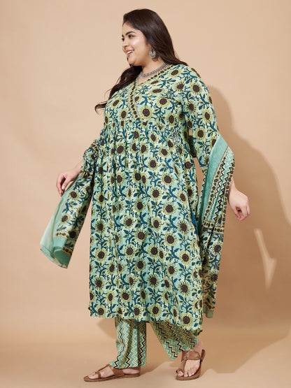 Teal Green Floral Printed Flared Cotton Stitched Kurta Set