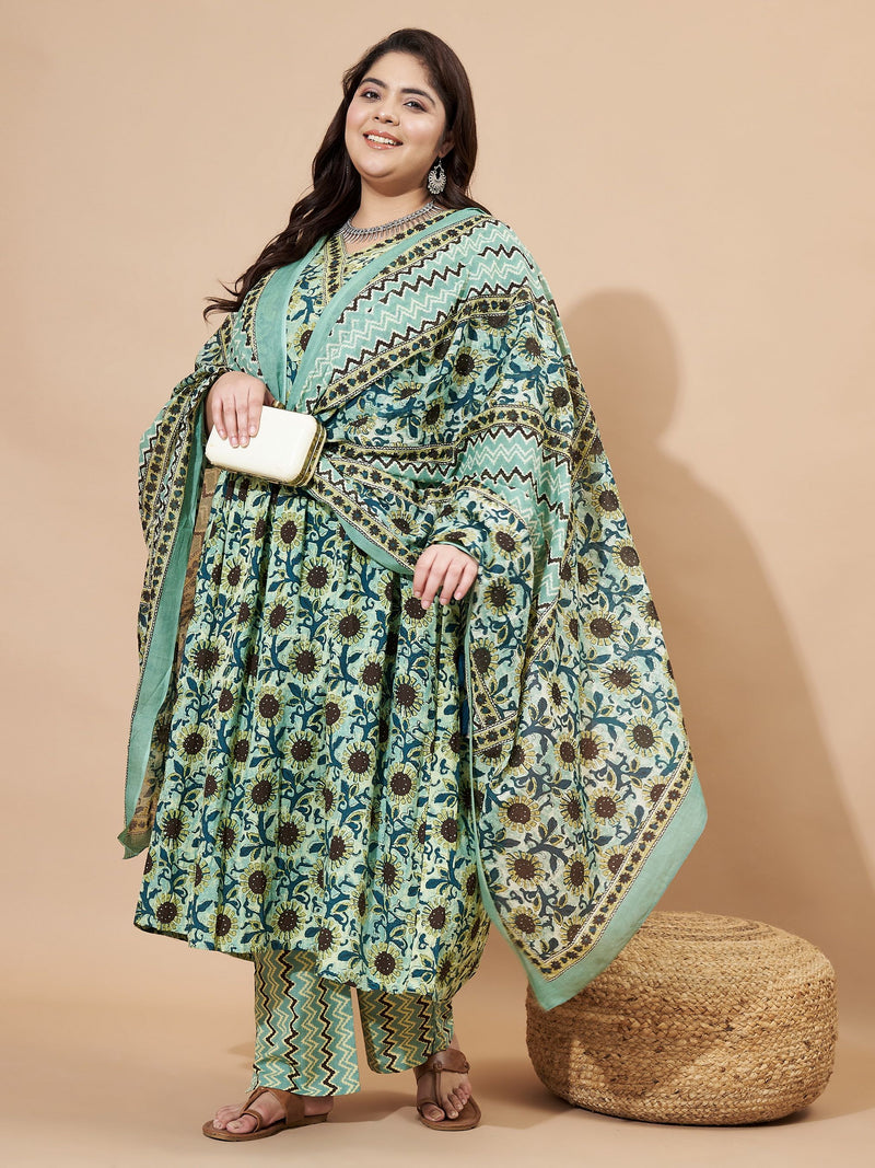 Teal Green Floral Printed Flared Cotton Stitched Kurta Set