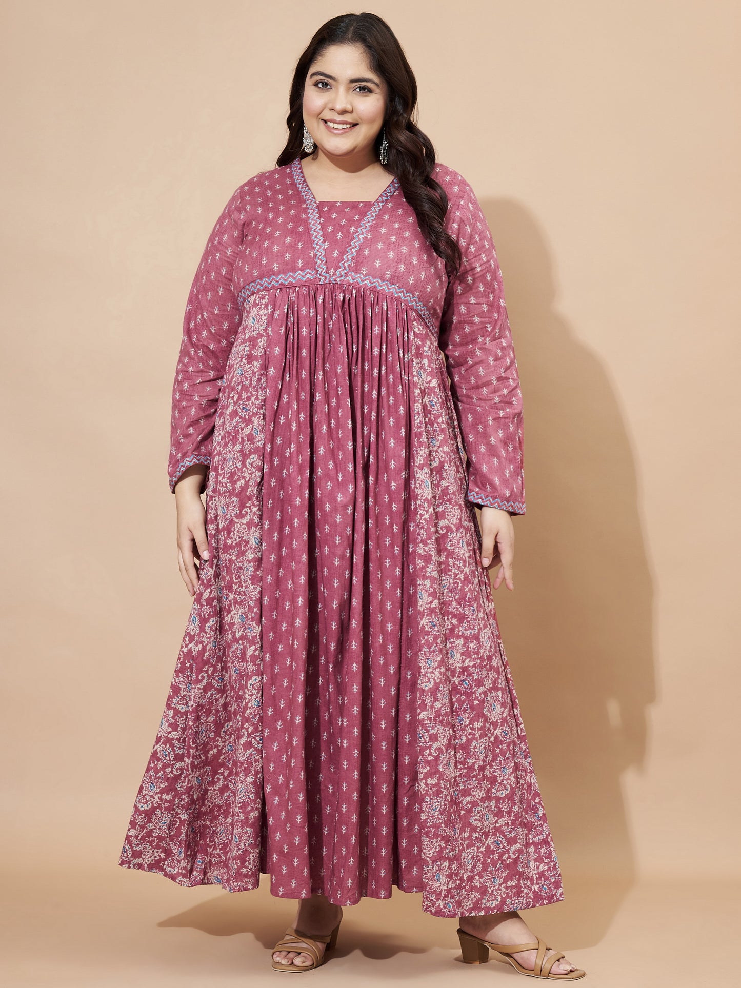 Pink Floral Print Anarkali Cotton Alia Cut Stitched Gown