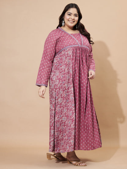 Pink Floral Print Anarkali Cotton Alia Cut Stitched Gown