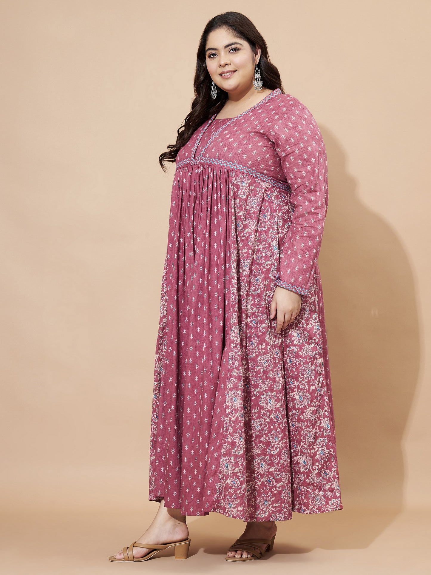 Pink Floral Print Anarkali Cotton Alia Cut Stitched Gown