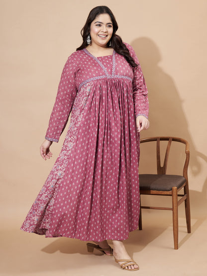 Pink Floral Print Anarkali Cotton Alia Cut Stitched Gown