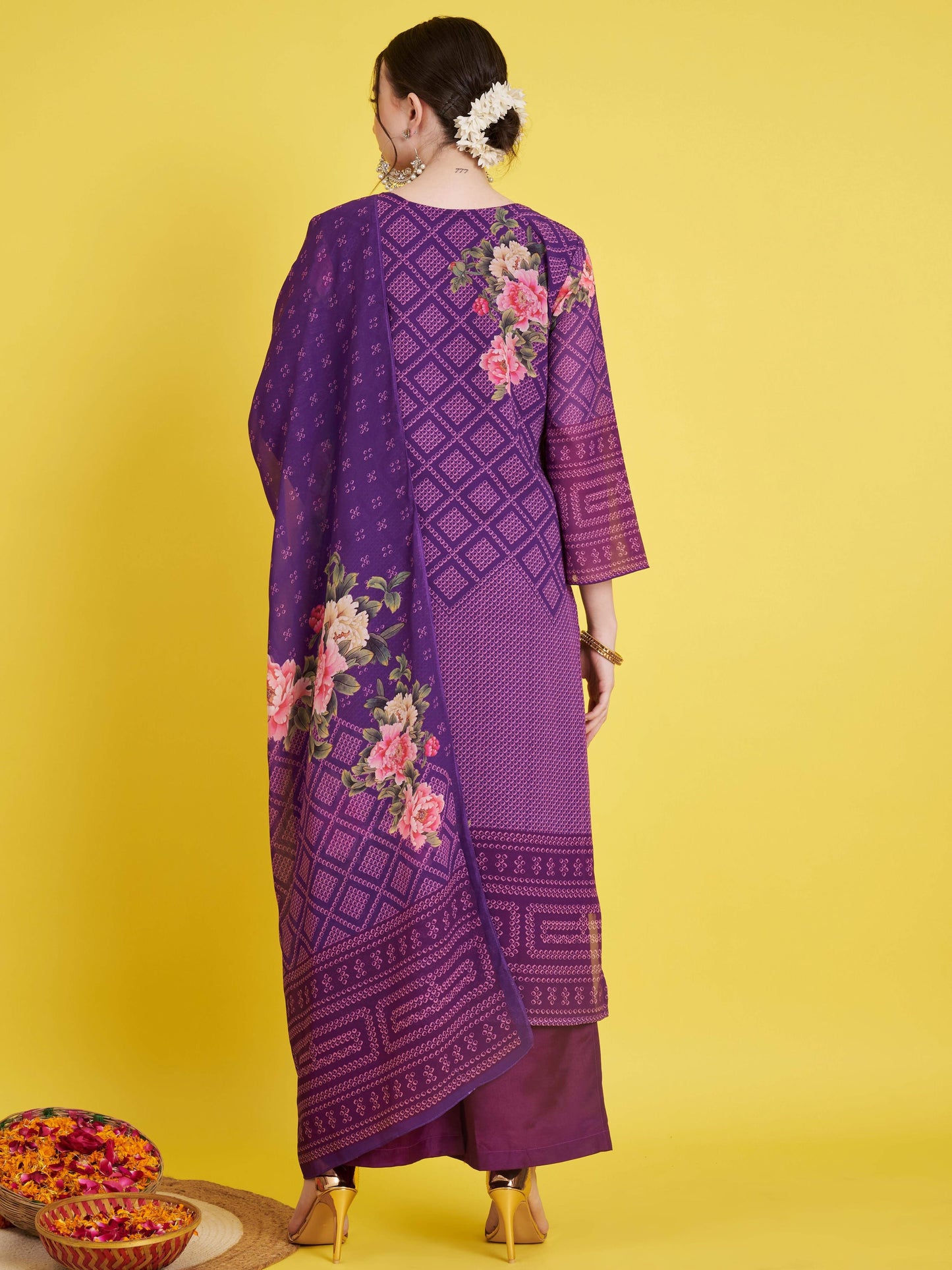 Purple Georgette Bandhani Straight Kurta Set