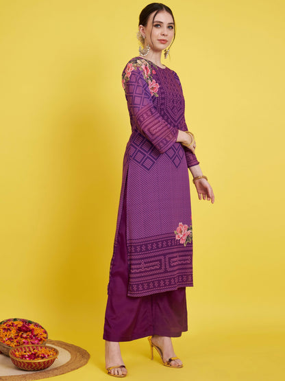 Purple Georgette Bandhani Straight Kurta Set