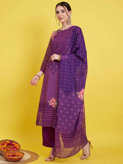 Purple Georgette Bandhani Straight Kurta Set