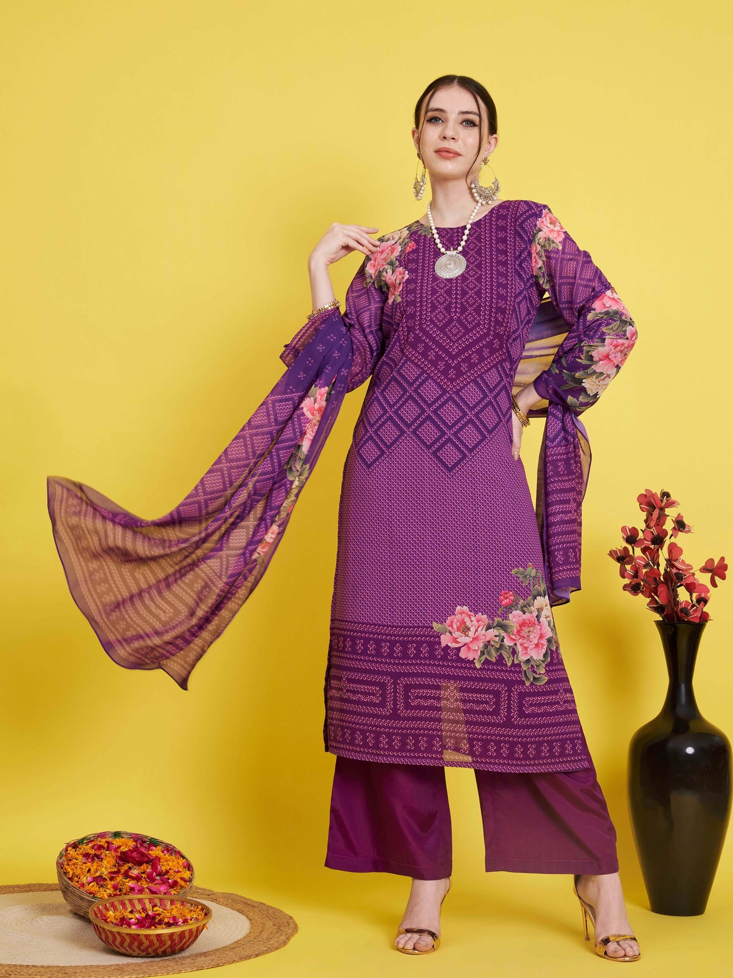 Purple Georgette Bandhani Straight Kurta Set