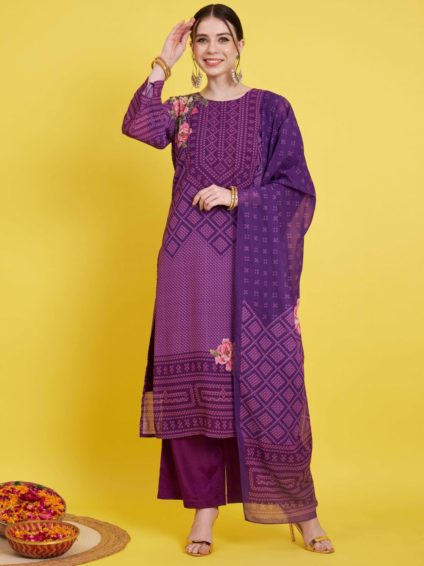 Purple Georgette Bandhani Straight Kurta Set