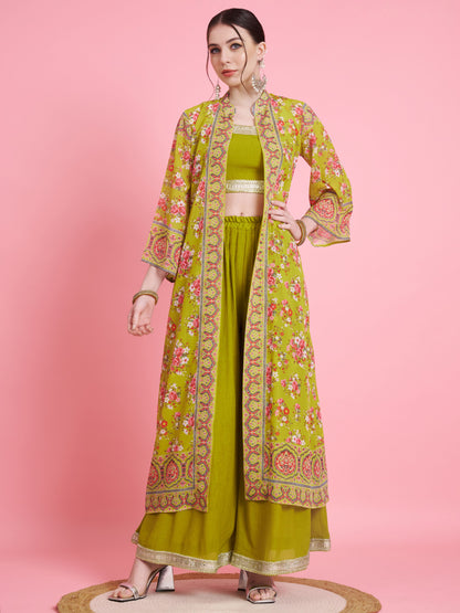 Parrot-Green Printed Georgette Crush Crop Top Palazzo With Shrug Set