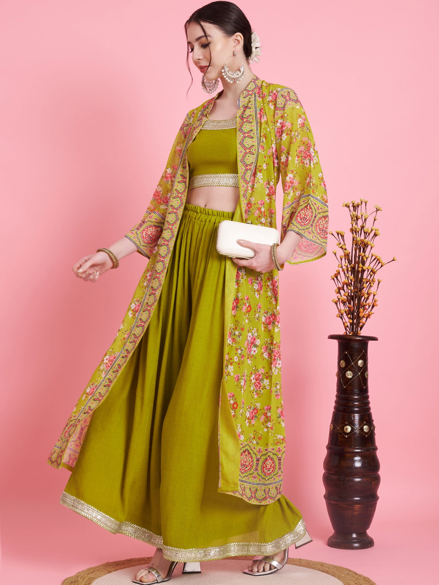 Parrot-Green Printed Georgette Crush Crop Top Palazzo With Shrug Set