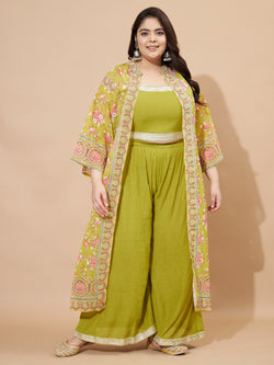 Parrot-Green Straight Georgette Crush Stitched Crop Top Palazzo With Shrug