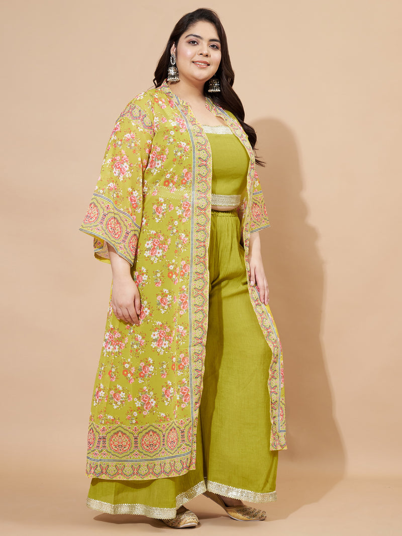 Parrot-Green Straight Georgette Crush Stitched Crop Top Palazzo With Shrug