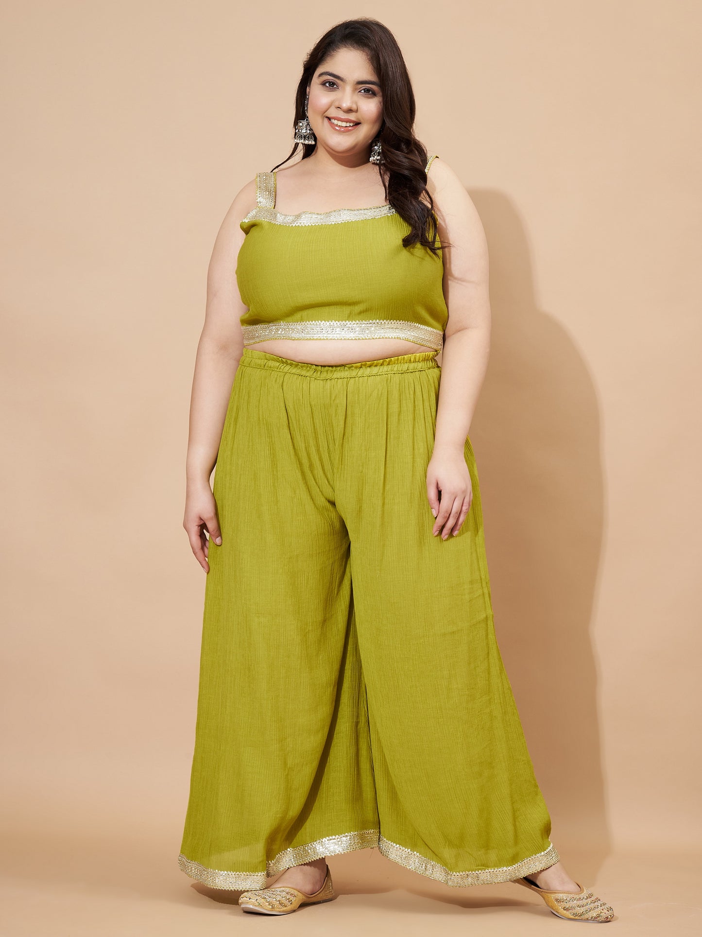 Parrot-Green Straight Georgette Crush Stitched Crop Top Palazzo With Shrug