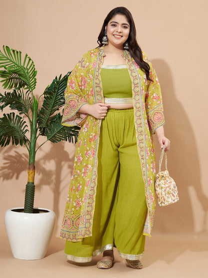 Parrot-Green Straight Georgette Crush Stitched Crop Top Palazzo With Shrug