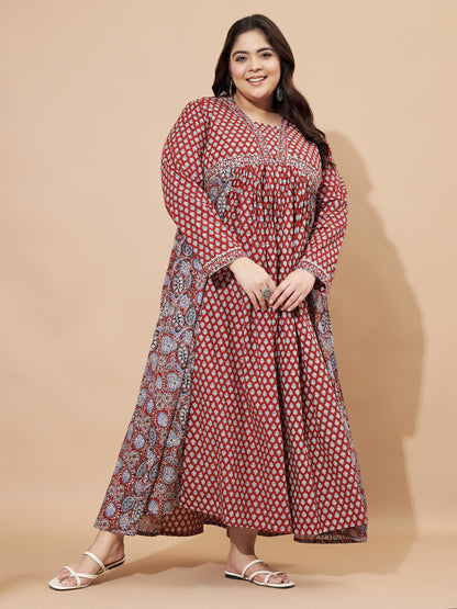 Maroon Floral Printed Anarkali Cotton Anarkali Gown