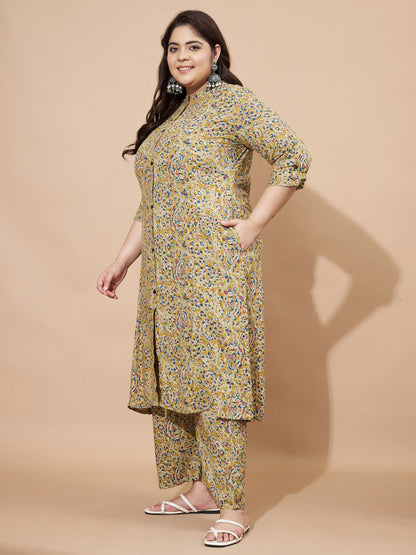 Mahendi Green Rayon Floral Printed A-Line Co-Ord Set