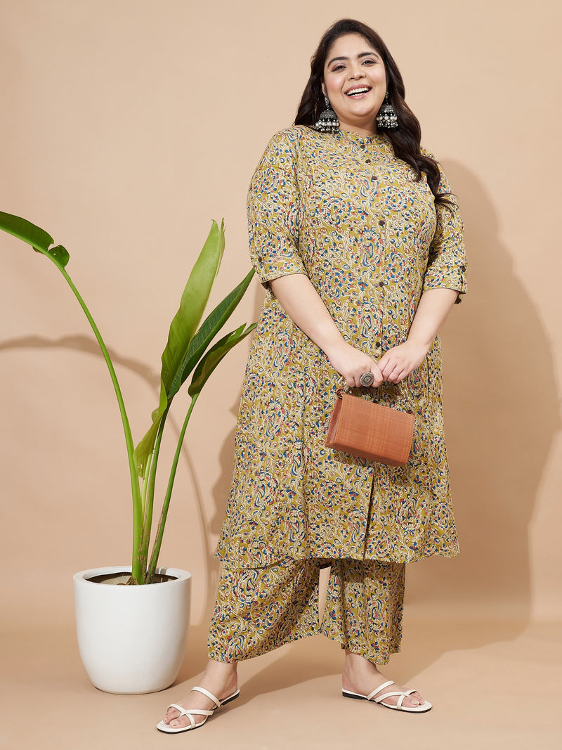 Mahendi Green Floral Printed A-Line Rayon Co-Ord Set