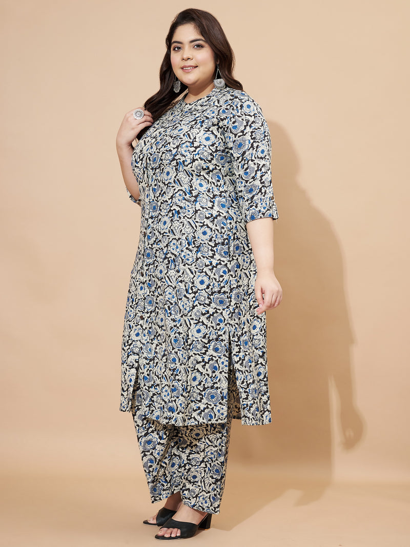 Black Floral Printed A-Line Rayon Co-Ord Set