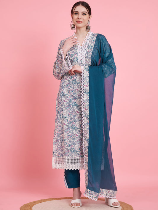Aqua Floral Print Straight Cotton Stitched Kurta Set