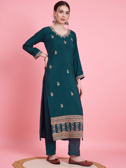 Aqua Embroidery Straight Fancy Fabric Kurta Set