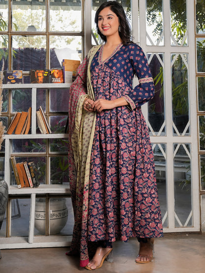 Navy Blue Anarkali Cotton Kurta Set