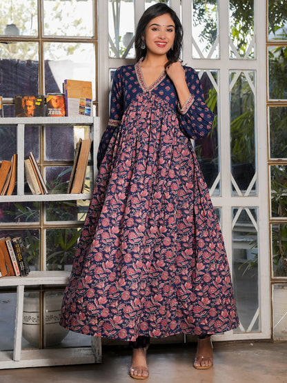 Navy Blue Anarkali Cotton Kurta Set