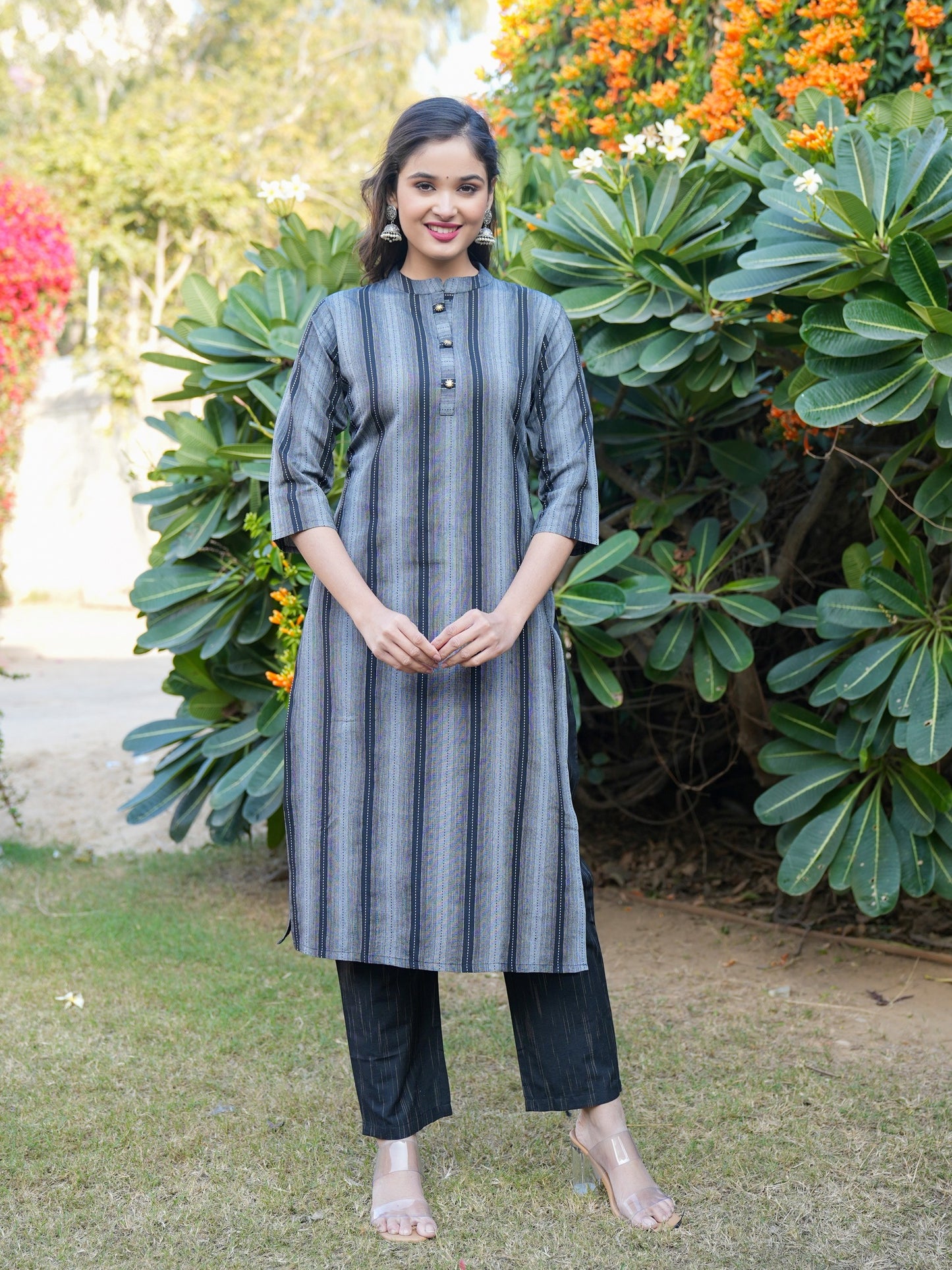 Black Straight Cotton Blend Kurta Set